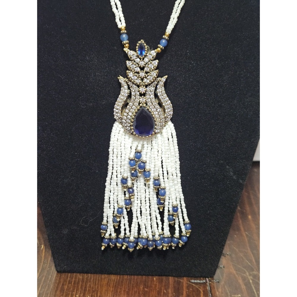 Vintage Boho Seed Bead Tassel Necklace Blue Rhinestone Royal Statement Art Deco